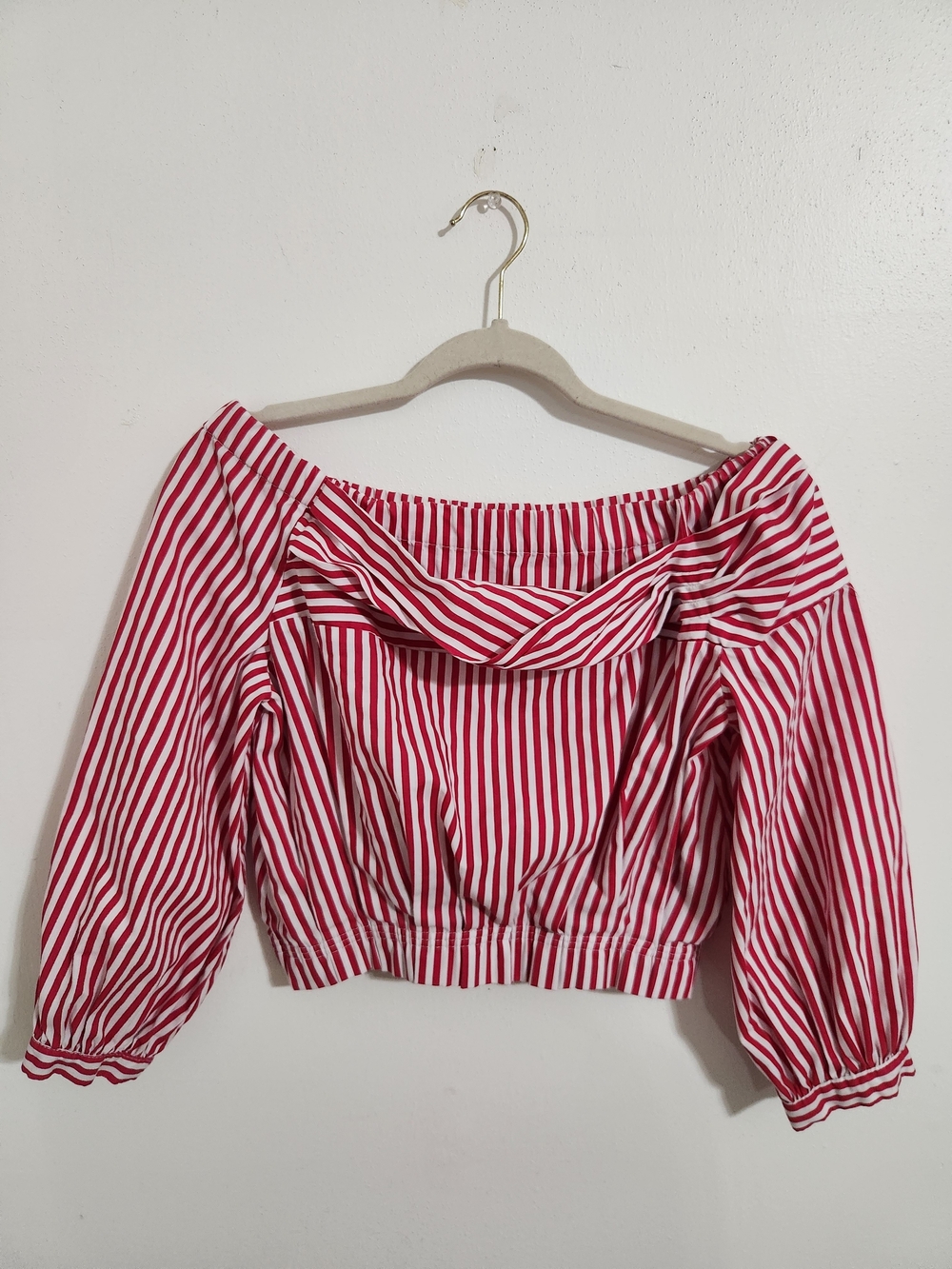 Zara Red and White Striped Off-Shoulder Crop Top